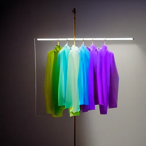 Image similar to an ultra high definition professional studio quality photograph of a transparent iridescent perspex pastel coloured coat made of plastic bags on a coat hook in an empty white room. dramatic lighting, ray tracing, refraction, shallow d. o. f, colour corrected, golden ratio, three point light. volumetric shadows. god rays.