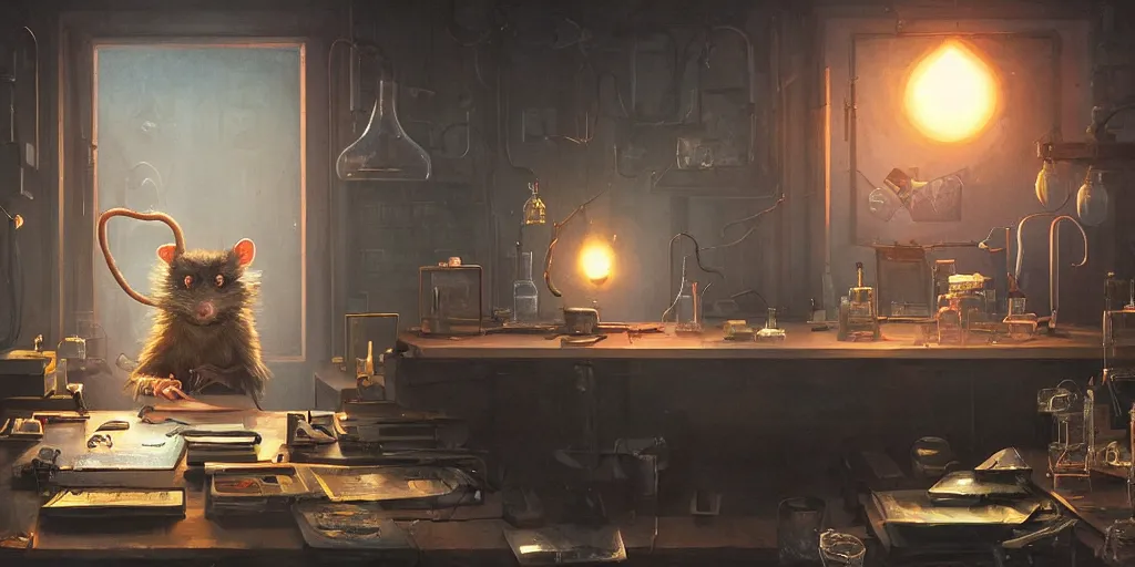 Prompt: humanoid rat in a laboratory sitting at a desk with lots of flasks filled with magic liquids and poisonous fog, stephen bliss, unreal engine, fantasy art by greg rutkowski, loish, rhads, ferdinand knab, ilya kuvshinov, rossdraws, tom bagshaw, global illumination, radiant soft light, detailed and intricate environment