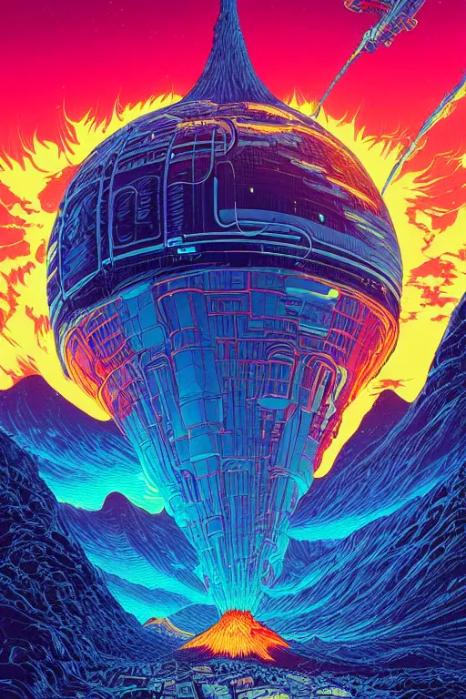 Prompt: artwork by kilian eng and ( dan mumford ) and toshi yoshida and franklin booth showing a futuristic powerstation!! in front of a ( ( exploding volcano ) ), vintage scifi, high details, dramatic lightning,, 8 k