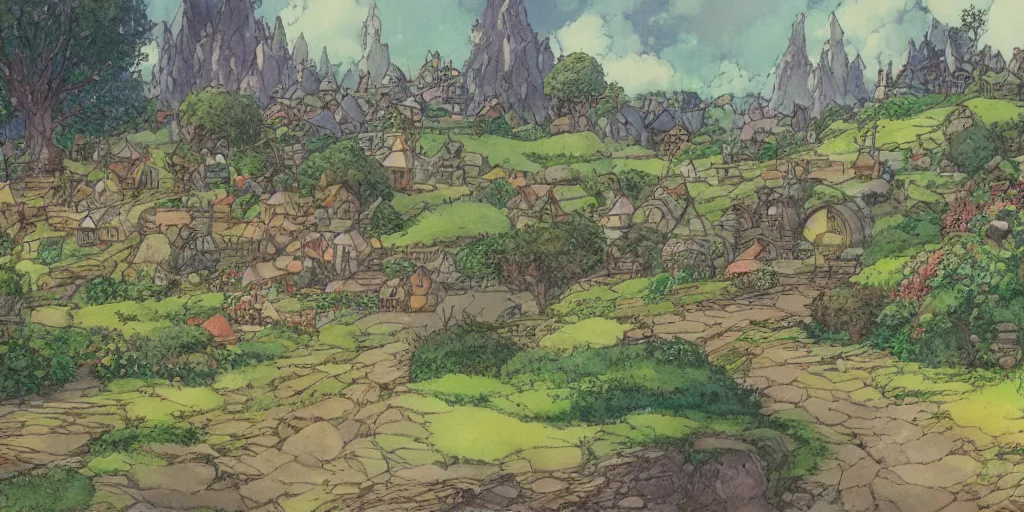 Prompt: a still of a background from howl's moving castle of hobbiton, studio ghibli, light bloom