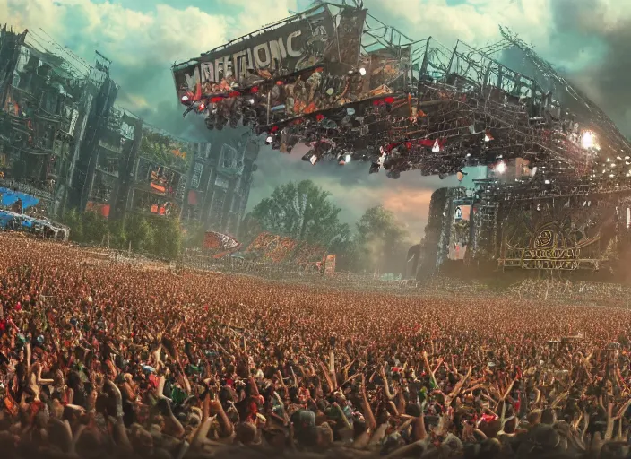 Prompt: ultra realistic, view of the mainstage of defqon 1 music festival in 2 0 5 0 by concept art by james jean, andrei riabovitchev, marc simonetti, yoshitaka amano, artstation, futuristic, octane render, sharp focus cinematic lighting, dramatic perspective, highly detailed, ultra realistic, masterpiece, 4 k, 8 k