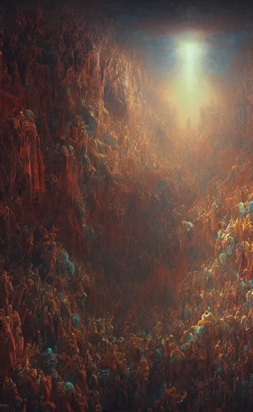 Image similar to hordes of demons breaking into heaven, baroque architecture, detailed, vivid colors, masterpiece painting, octane render, volumetric lighting, cinematic, by gustave dore, by michelangelo, by beksinski