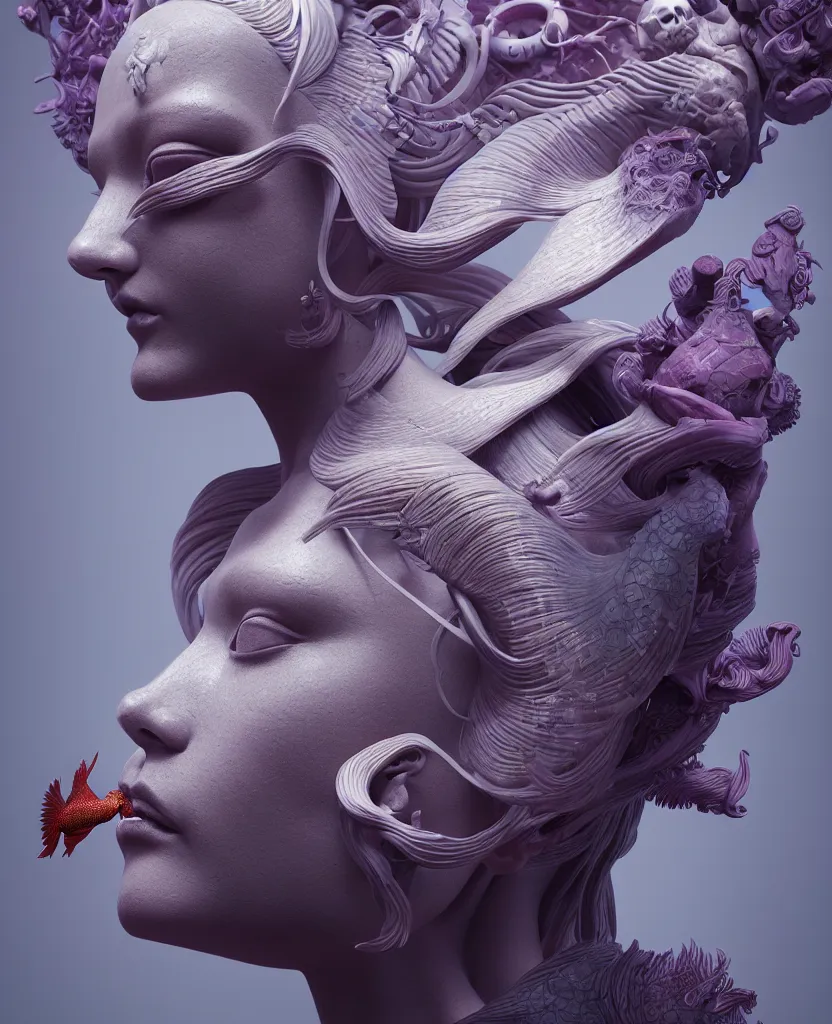 Image similar to goddess sculpture close-up portrait. orchid bird phoenix head, nautilus, skull, betta fish, bioluminiscent creatures, intricate artwork by Tooth Wu and wlop and beeple. octane render, trending on artstation, greg rutkowski very coherent symmetrical artwork. cinematic, hyper realism, high detail, octane render, 8k