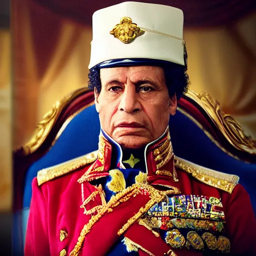 Prompt: portrait of muammar kadhafi as emperor napoleon in fallout, splash art, movie still, detailed face, cinematic lighting, dramatic, octane render, long lens, shallow depth of field, bokeh, anamorphic lens flare, 8 k, hyper detailed, 3 5 mm film grain