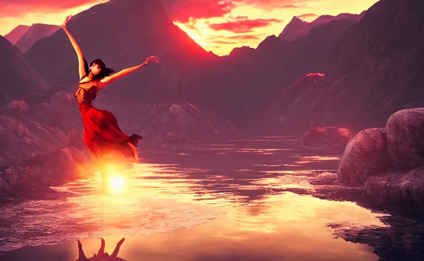 Image similar to Himalayan mage dancing on water, beautiful flowing fabric, sunset, dramatic angle, dynamic pose, 8k hdr pixiv dslr photo by Makoto Shinkai ilya kuvshinov and Wojtek Fus