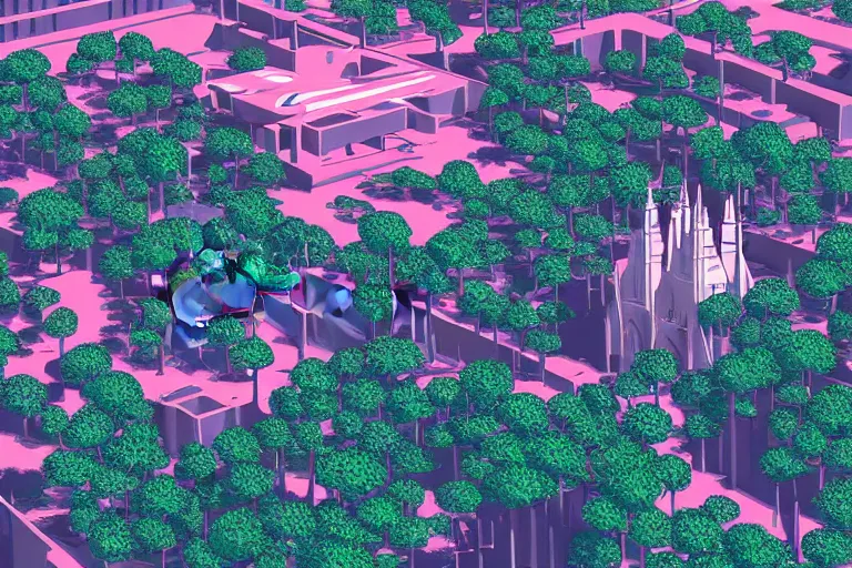 Image similar to aerial helicopter view over Maringá's Cathedral, lot of trees, some Ipê pink trees, retro futuristic illustration, made by Syd Mead. High density, ultra detailed