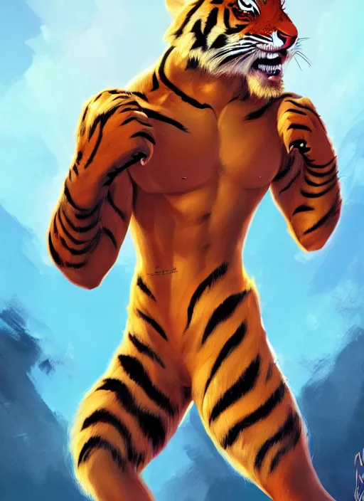 Image similar to character portrait of a male anthro Tiger fursona wearing a wrestling costume in a futuristic wrestling ring. Character design by charlie bowater, ross tran, artgerm, and makoto shinkai, detailed, inked, western comic book art