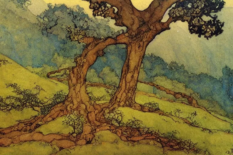 Prompt: masterpiece painting of oak trees on a hillside overlooking a creek, dramatic lighting, by edmund dulac