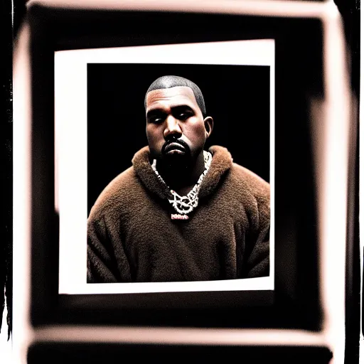 Image similar to a ( ( chiaroscuro lighting portrait ) ) of kanye west dressed as teddy bear mascot, black background, portrait by julia margaret cameron, shallow depth of field, 8 0 mm, f 1. 8