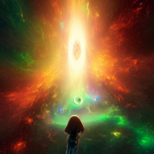 Image similar to glowing glorious 3D black hole in movie, intergalactic, space theme, galaxy colored, hyperdetailed, digital painting, trending on Artstation, cel-shading style, CG society, hyperdetailed, digital painting, hypermaximalist, golden ratio, volumetric, octane render, weta digital, micro details, 3d sculpture