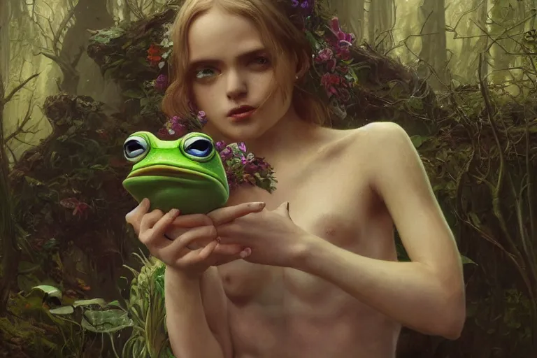 Image similar to music video screenshot of Pepe the Frog, unreal, fantasy, intricate, elegant, dramatic, highly detailed, photorealistic, digital painting, painterly, artstation, concept art, smooth, sharp focus, art by John Collier and Krenz Cushart and Artem Demura and Alphonse Mucha and Albert Aublet