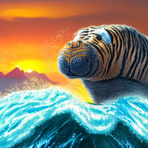 Image similar to a closeup photorealistic photograph of a cute smiling knitted tiger hippopotamus riding a large wave at sunset. surf in the background. professional capture. brightly lit scene. this 4 k hd image is trending on artstation, featured on behance, well - rendered, extra crisp, features intricate detail, epic composition and the style of unreal engine.