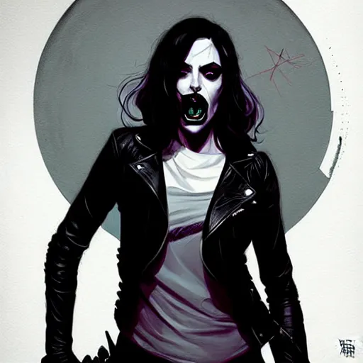 Image similar to rafael albuquerque comic art, peter mohrbacher, steve niles, artgerm, pretty willa holland vampire sharp vampire teeth open mouth, symmetrical eyes, black leather jacket, jeans, long blonde hair