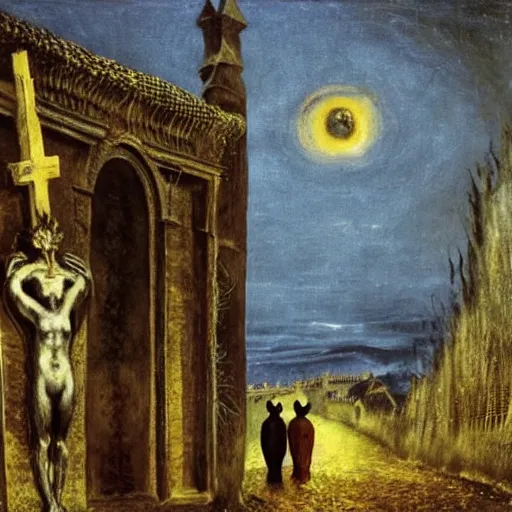 Image similar to A Holy Week procession of four souls in a Spanish landscape at night. A figure at the front holds a cross. El Greco, Remedios Varo, Salvador Dali, Carl Gustav Carus, John Atkinson Grimshaw. Blue tint.