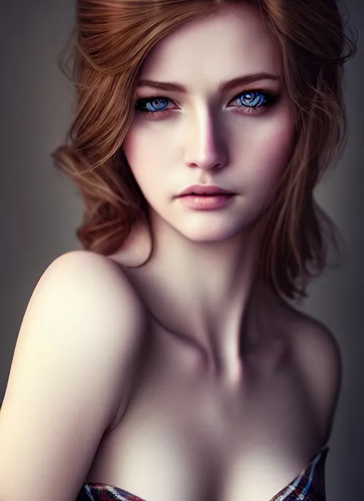 Image similar to a gorgeous scottish female photo, professionally retouched, soft lighting, realistic, smooth face, full body shot, torso, dress, perfect eyes, sharp focus on eyes, 8 k, high definition, insanely detailed, intricate, elegant, art by artgerm and jason chan