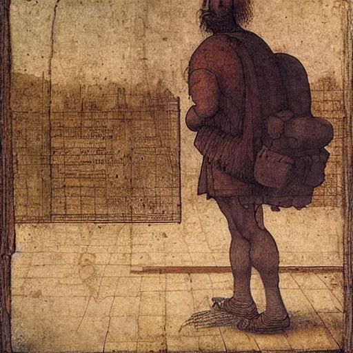 Prompt: a man missing the bus in the morning, by leonardo da vinci