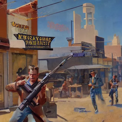 Image similar to dynamic shootout in western town, by tom lovell and frank schoonover and dean cornwell