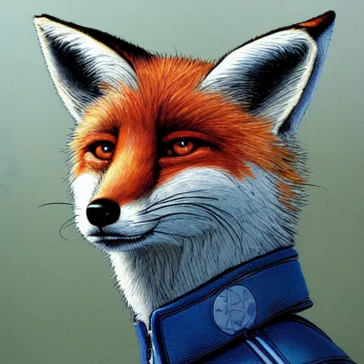 Image similar to a portrait of fox mccloud by peter elson, furry art, with a sci fi city background by syd dutton