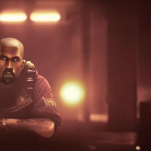 Image similar to Portrait of Kanye West in Gears of War, splash art, movie still, cinematic lighting, dramatic, octane render, long lens, shallow depth of field, bokeh, anamorphic lens flare, 8k, hyper detailed, 35mm film grain