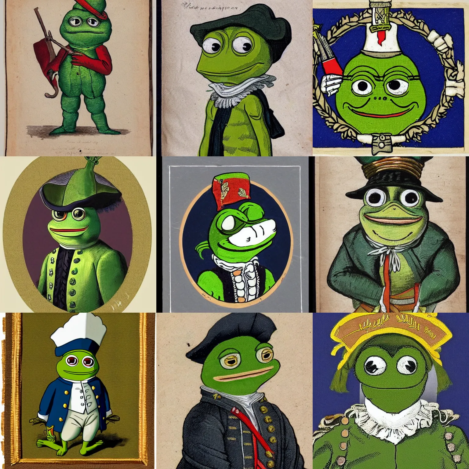 Prompt: pepe the frog in 1 7 5 8 uniform of the 6 5 th regiment of foot with tricorne hat