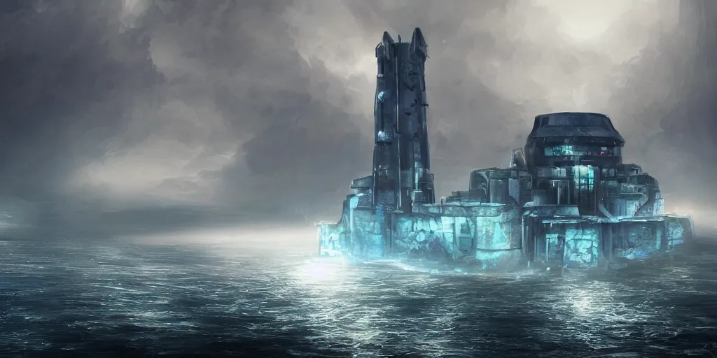 Image similar to a futuristic fortress tower in the middle of the rainy ocean, highly realistic concept art, blue cold atmosphere, but there is a read light glowing under the fortress, perfectly symmetric composition, great lighting, chiaroscuro, phorohraphy, cinematography, high quality, on trending, beautiful, 4 k