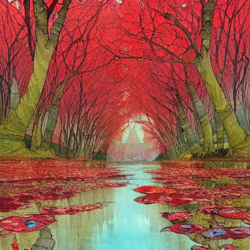 Prompt: a beautiful and inspiring intricate watercolor illustration inside a river, red robin trees forming a tunnel, 4 k, ultra - wide angle, by william turner, by victo ngai, by alphonse mucha, by miho hirano, hd, trending on artstation, hyper detailed, muted colors, inspiring, beautiful, paradisiac