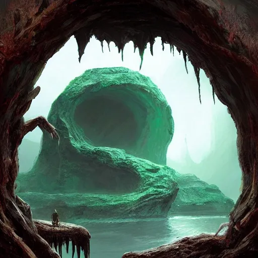 Prompt: a scary portal glowing green portal to another world in darwin's arch in the galapagos islands, elden ring landscape, d & d, fantasy, intricate, elegant, highly detailed, digital painting, artstation, concept art, matte, sharp focus, illustration, art by greg rutkowski and rembrandt