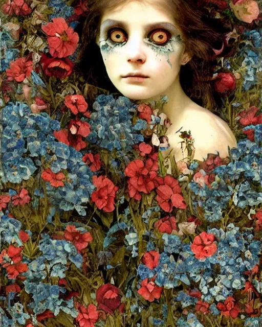 Prompt: a pretty but sinister and creepy creature in layers of fear decoupage, with haunted eyes, bleeding, violence in his eyes, 1 9 7 0 s, seventies, delicate embellishments, a little blood, woodland, blue dawn light shining on wildflowers, painterly, offset printing technique, by walter popp, alexandre cabanel