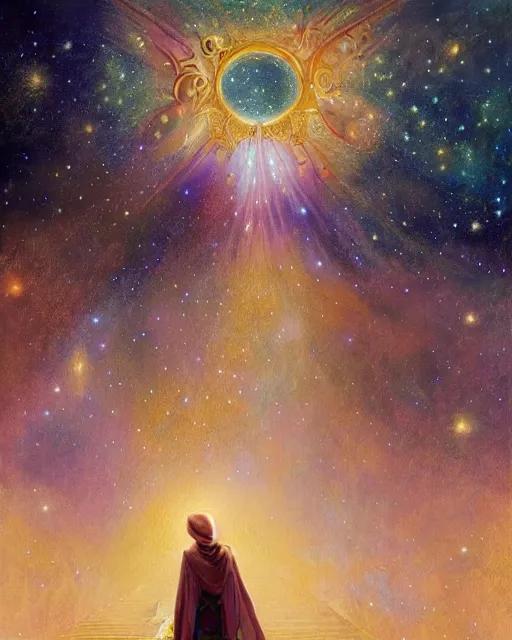 Image similar to bedouin child praying in galaxy walking towards mosque surrounded by nebula, highly detailed, gold filigree, romantic storybook fantasy, soft cinematic lighting, award, disney concept art watercolor illustration by mandy jurgens and alphonse mucha and alena aenami, pastel color palette, featured on artstation