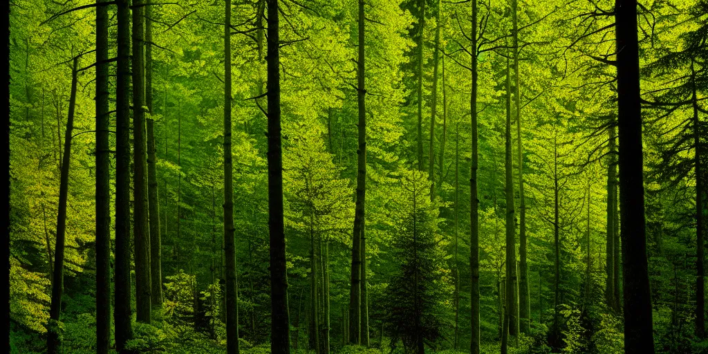 Image similar to lush north european mountainous broadleaf deciduous forest, against light, glare, bright details, contrasting, daylight, highly detailed, by dieter rams 1 9 9 0, national geographic magazine, reportage photo, natural colors