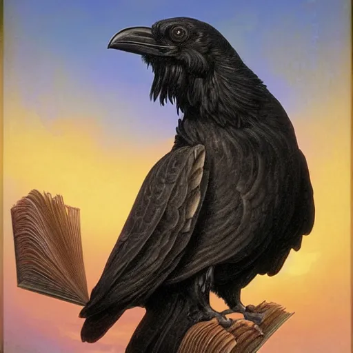 Prompt: beautifully detailed portrait of a detailed raven looking at a book laid out on a golden silk cloth, in a serene beautiful stone arched garden at beautiful sunrise by frederic leighton and by rosetti and sidney cooper, 4 k, artstation