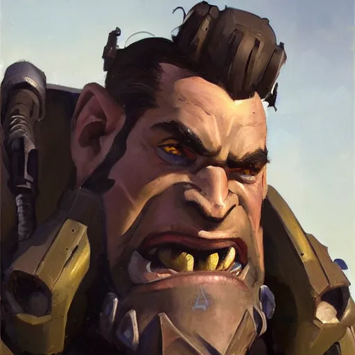 Image similar to greg manchess close - up portrait painting of a ruggedly handsome young dieselpunk orc with olive green skin as an overwatch character, medium shot, asymmetrical, profile picture, organic painting, sunny day, matte painting, bold shapes, hard edges, street art, trending on artstation, by huang guangjian and gil elvgren and sachin teng