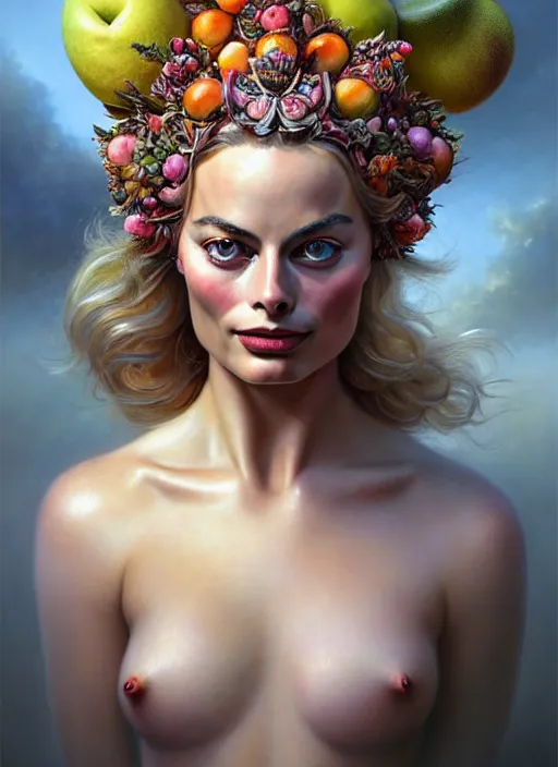 Image similar to margot robbie as an goddess of fruits, aesthetic, fine art, intricate, elegant, highly detailed, realistic hair, centered, digital painting, art station, conceptual art, soft, sharp focus, illustration, artwork, artgerm, tomasz alen kopera, peter mohrbacher, donato giancola, wlop, boris vallejo