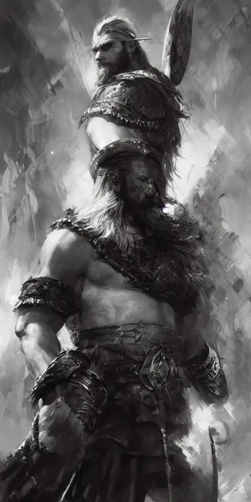 Image similar to highly detailed beautiful black and white photography of a viking, sharp focus, dynamic lighting, elegant harmony, beauty, masterpiece, by riccardo federici, by craig mullins, by greg tocchini, by greg rutkowski