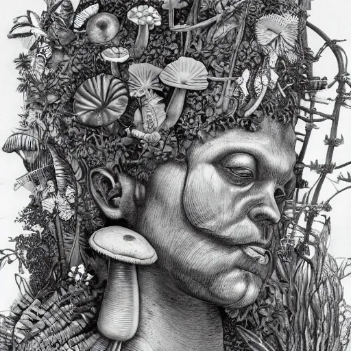 Image similar to botanical sketch of The thinker sculpture with a mechanical/cybernetic head, mushrooms and peyote/san pedro at the base, surrounded by a lush jungle and morning glory flowers, high detail, b&w,