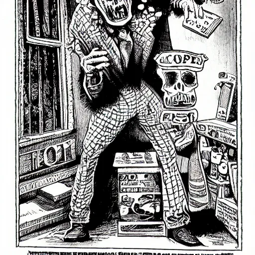 Prompt: a Pop Wonder scary horror themed goofy-hilarious-character r-Crumb, dime-store-comic drawn with charcoal and pen and ink, half-tone-line-stacking