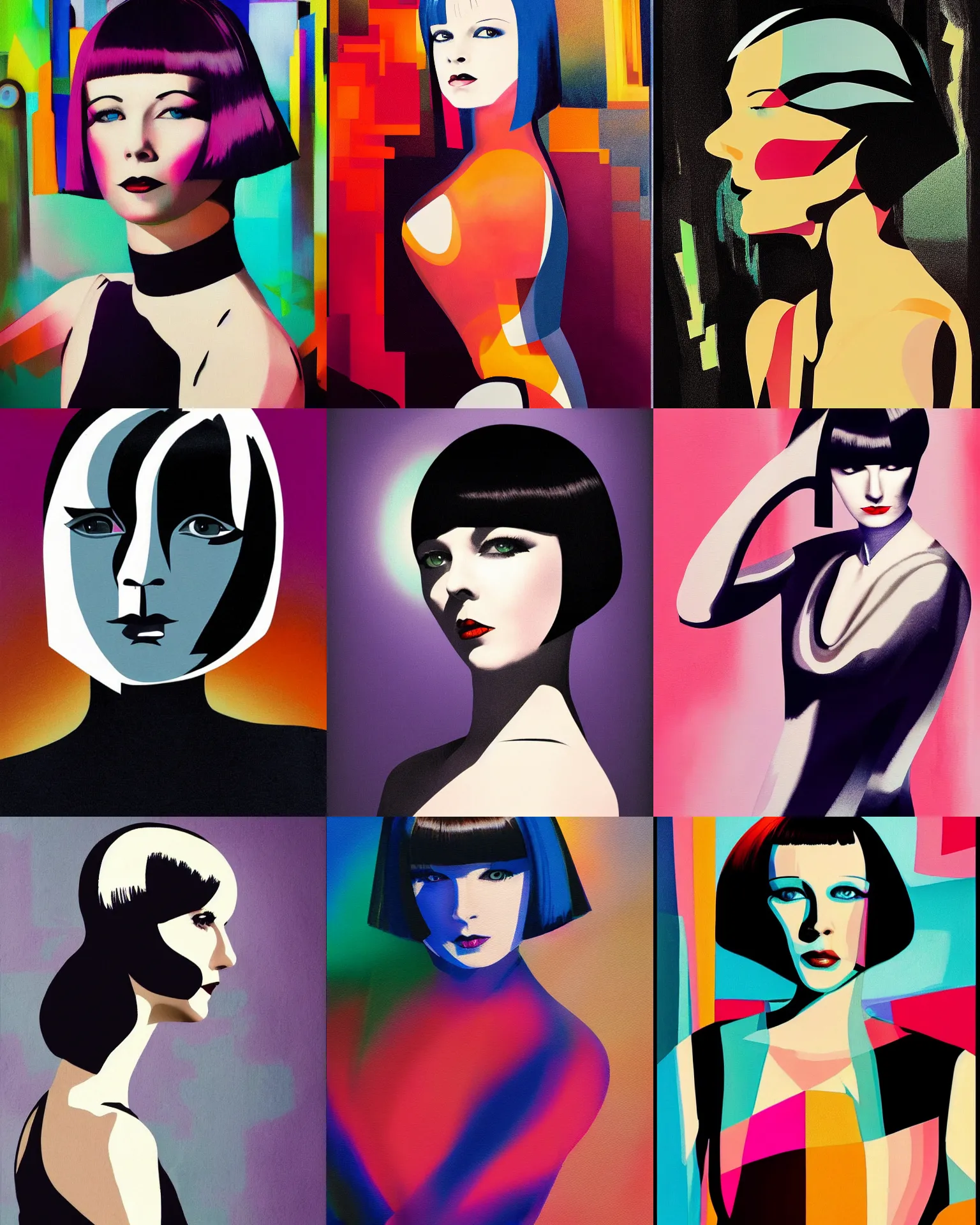 Image similar to full length portrait of mary louise brooks, shiny bob haircut, dramatic light, abstract art deco city background, sunset, 3 colour print, high contrast, sharp,, painted by ross tran