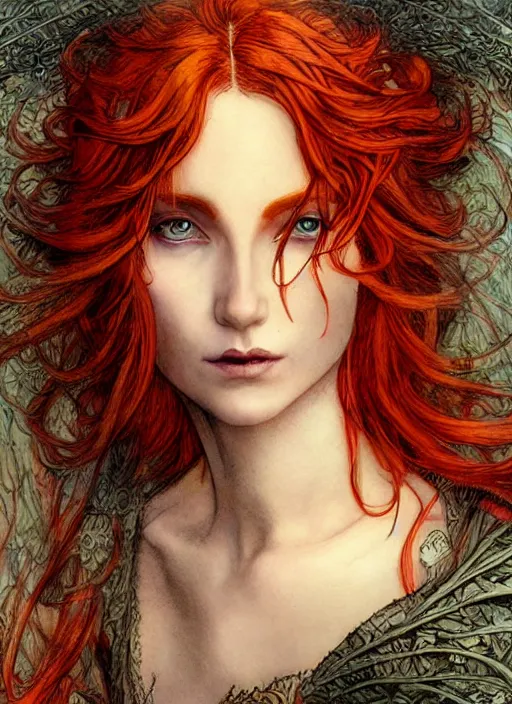 Image similar to dramatic ethereal full length illustration of a beautiful red hair woman in the art style of Eric Fortune and Rebecca Guay, not realistic, sharp focus, 8k high definition, insanely detailed, intricate, elegant