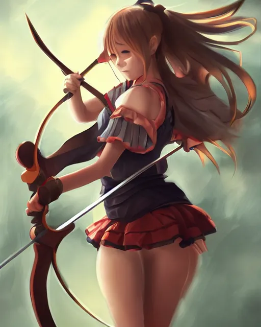 Premium Photo | Anime character with bow and arrow in front of a mountain  generative ai