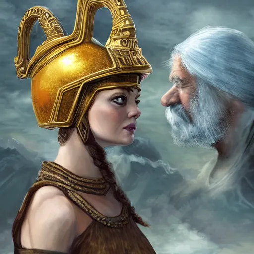 Prompt: tiny Emma Stone as ancient greek woman in golden helmet standing on giant grey-haired bearded male face in the sky, epic fantasy style art, fantasy epic digital art