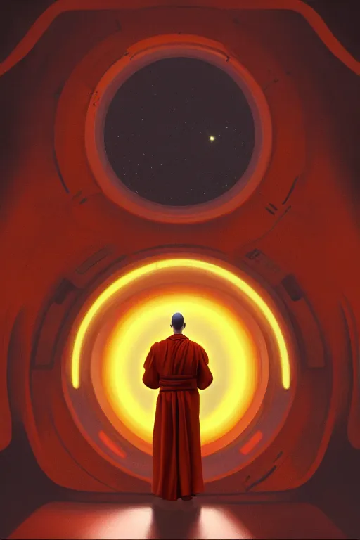 Image similar to portrait of a monk in a spaceship, round window, exploding star, orange robe, dramatic lighting, artstation, matte painting, ralph mcquarrie