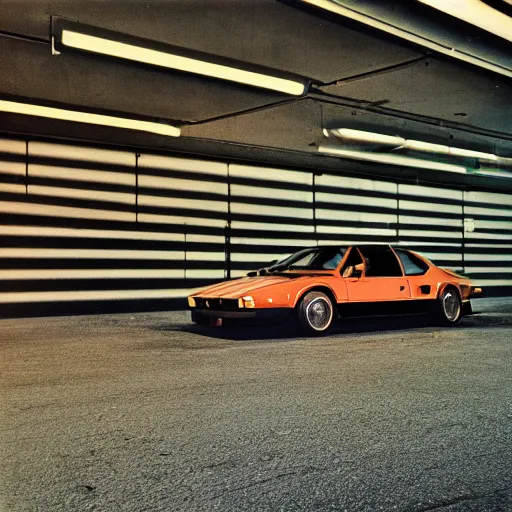 Prompt: 1979 BMW M1, inside of an badly lit 1970s parking garage, ektachrome photograph, volumetric lighting, f8 aperture, cinematic Eastman 5384 film