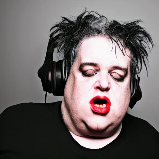 Image similar to obese Robert Smith wearing a headset yelling at his monitor while playing WoW highly detailed wide angle lens 10:9 aspect ration award winning photography by David Lynch