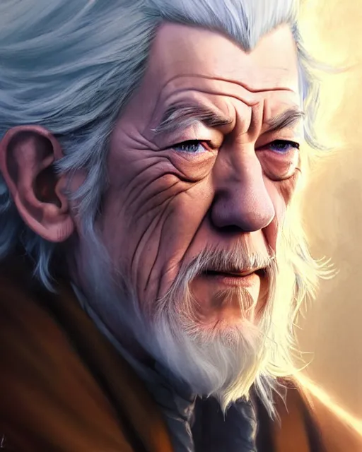 Image similar to portrait Anime joyful Gandalf Ian McKellen|| cute-fine-face, pretty face, realistic shaded Perfect face, fine details. Anime. realistic shaded lighting by katsuhiro otomo ghost-in-the-shell, magali villeneuve, artgerm, Jeremy Lipkin and Michael Garmash and Rob Rey Ilya Kuvshinov