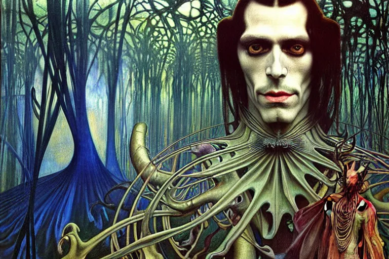 Image similar to realistic extremely detailed portrait painting of an elegantly creepy vampire man in a cape, futuristic sci-fi forest on background by Jean Delville, Amano, Yves Tanguy, Alphonse Mucha, Ernst Haeckel, Edward Robert Hughes, Roger Dean, rich moody colours, blue eyes