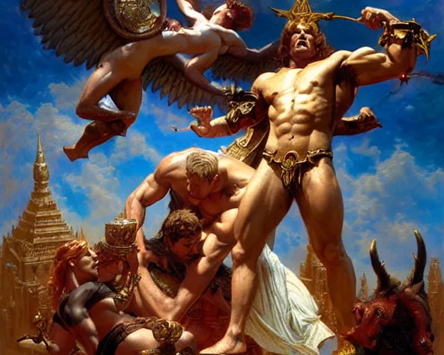 Image similar to lavish male deity, casting demonic magic, summoning ( muscular ) lucifer morning star, as they battle over the earthly realm, highly detailed painting by gaston bussiere, craig mullins, j. c. leyendecker, tom of finland