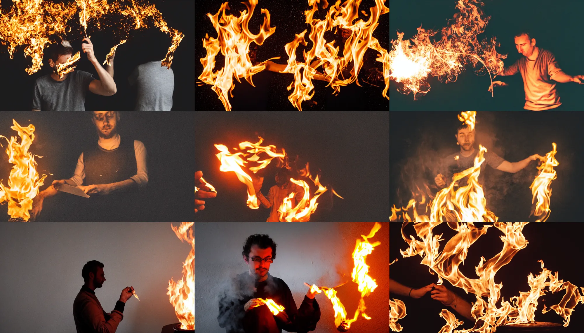 Prompt: french person, setting paper on fire, black background