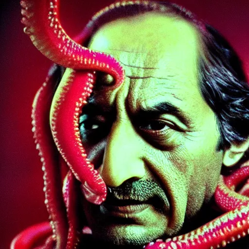 Image similar to expired fuji film coloured photograph portrait still of indian horror film character with tentacles from tv show from 1 9 9 5, hyperrealism, photorealism directed by steven spielberg and satyajit ray