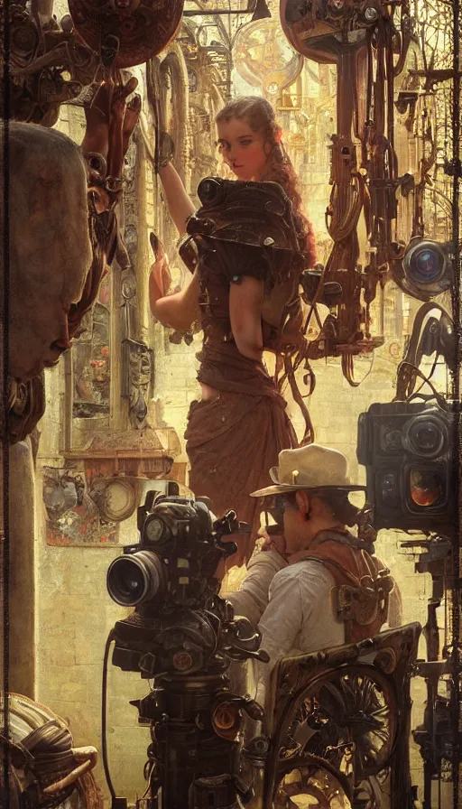 Image similar to hyper realistic photographer looking through camera towards viewer, magical, steampunk, painted by james gurney, norman rockwell, tom bagshaw, mucha, gaston bussiere, craig mullins, j. c. leyendecker 8 k