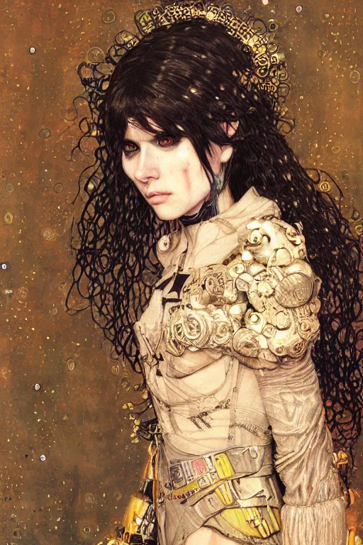 Prompt: portrait of beautiful young gothic sister of battle, cyberpunk, Warhammer, highly detailed, artstation, illustration, art by Gustav Klimt